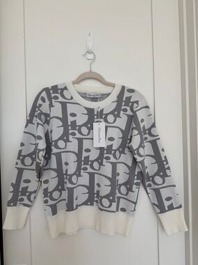 Dior White & Gray Logo Knit Crewneck Sweater